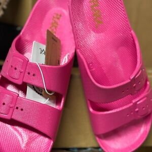 Vibrant Pink Slip-On Sandals with Decorative Buckles